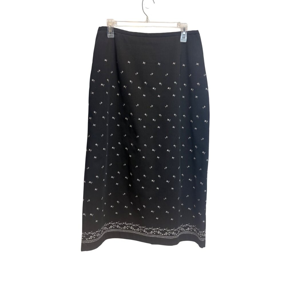 VTG Black Coldwater Creek Embroidered Midi Skirt PL Pet White Vines Classic